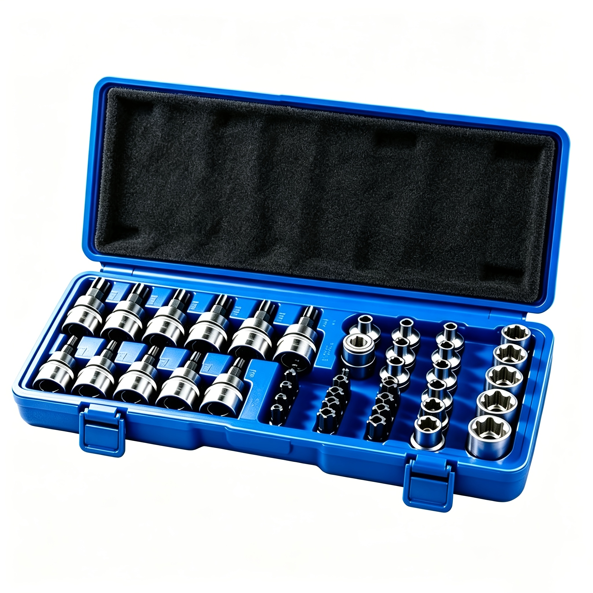 TEMU Kit de 34 douilles à embout Torx E de 3/8 pouce, E4, T10-60, kit -manipulation TT10-, adaptateur 5/16" F vers 3/8" M, avec boîte de rangement,