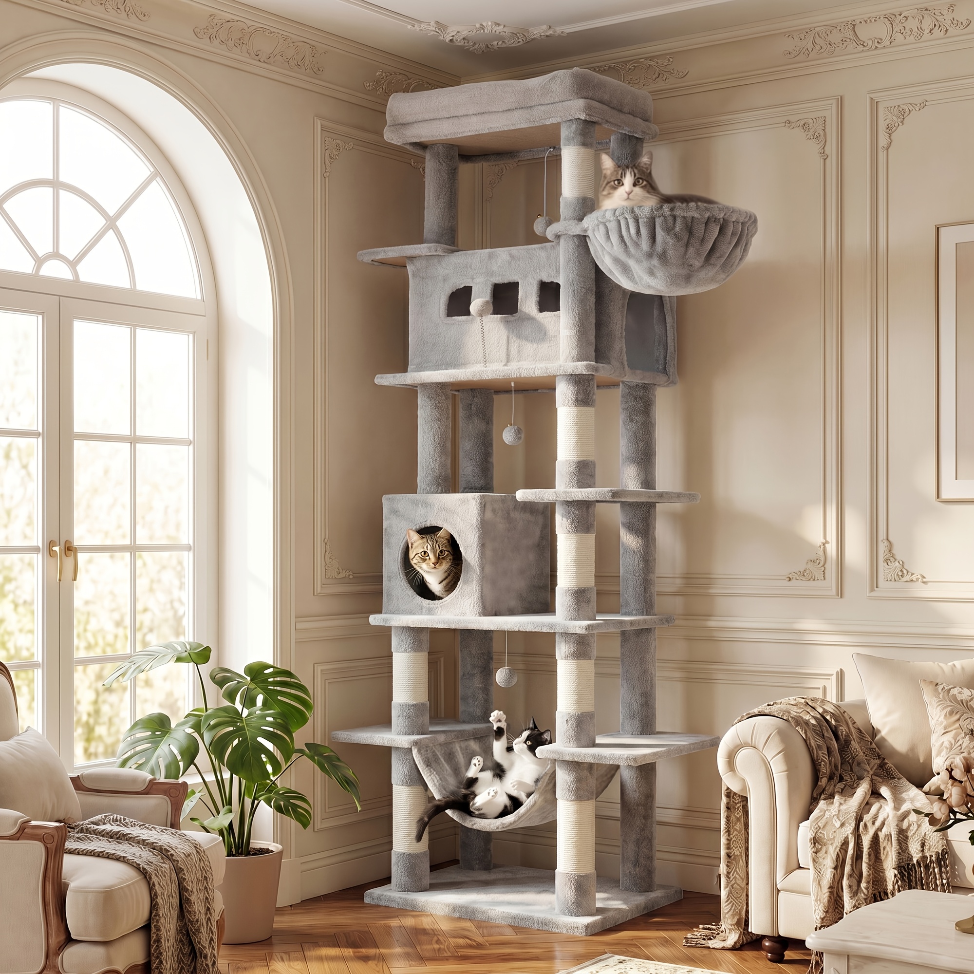 TEMU 211cm Tall Indoor Cat Tree, Multi-level Cat House, Cat Tree Suitable For Large Cats, Equipped With 8 Sisal Stems, Hammock And 4 Pom-poms.