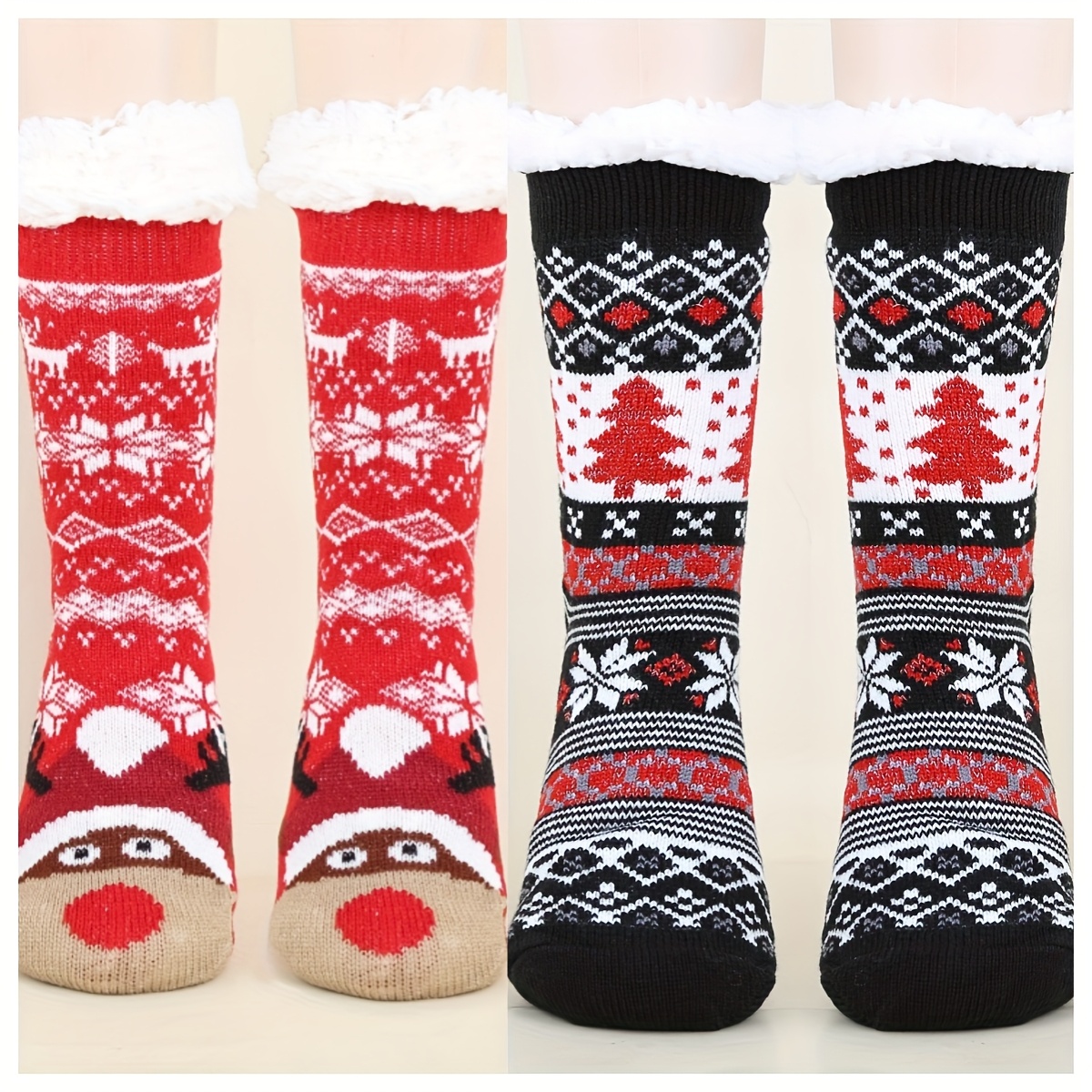 TEMU Lot de 2 paires de chaussettes de Noël extra épaisses doublées de peluche, à double couche pour plus de chaleur et de confort, avec semelle
