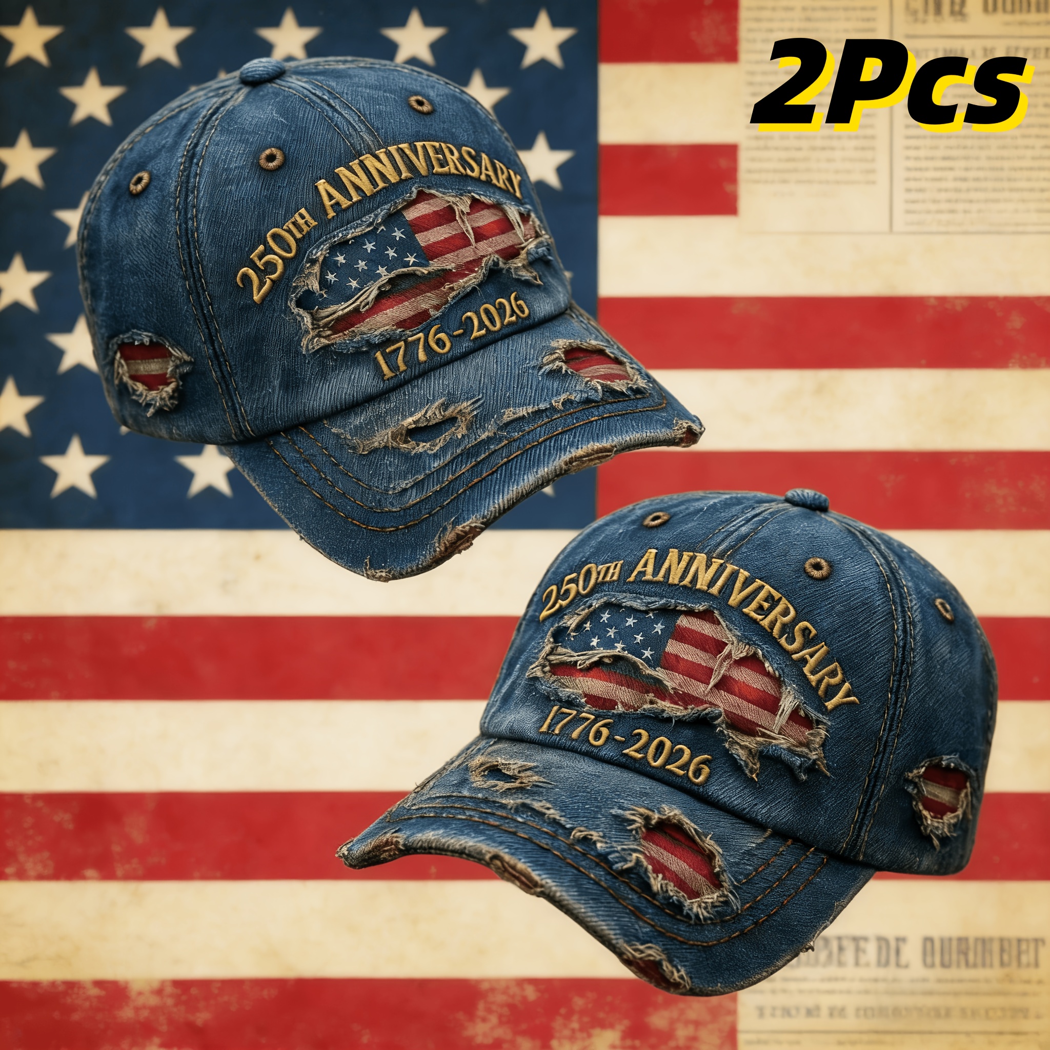 TEMU 2 - Piece 250th Anniversary Casual Baseball Caps From 1776 - 2026 Baseball Caps With Ripped Jeans And Embroidered Blue Vintage - Style Baseball