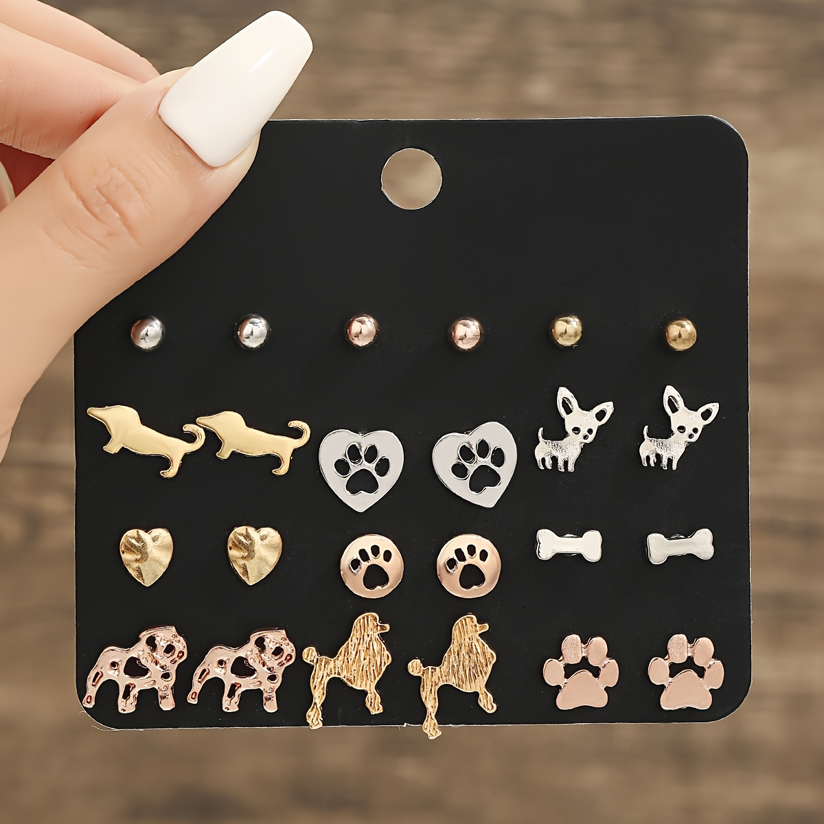 TEMU Lot de 12 paires de clous d'oreilles à clous avec imprimé chien et patte pour femme, bijoux empilables minimalistes sur le thème des animaux de