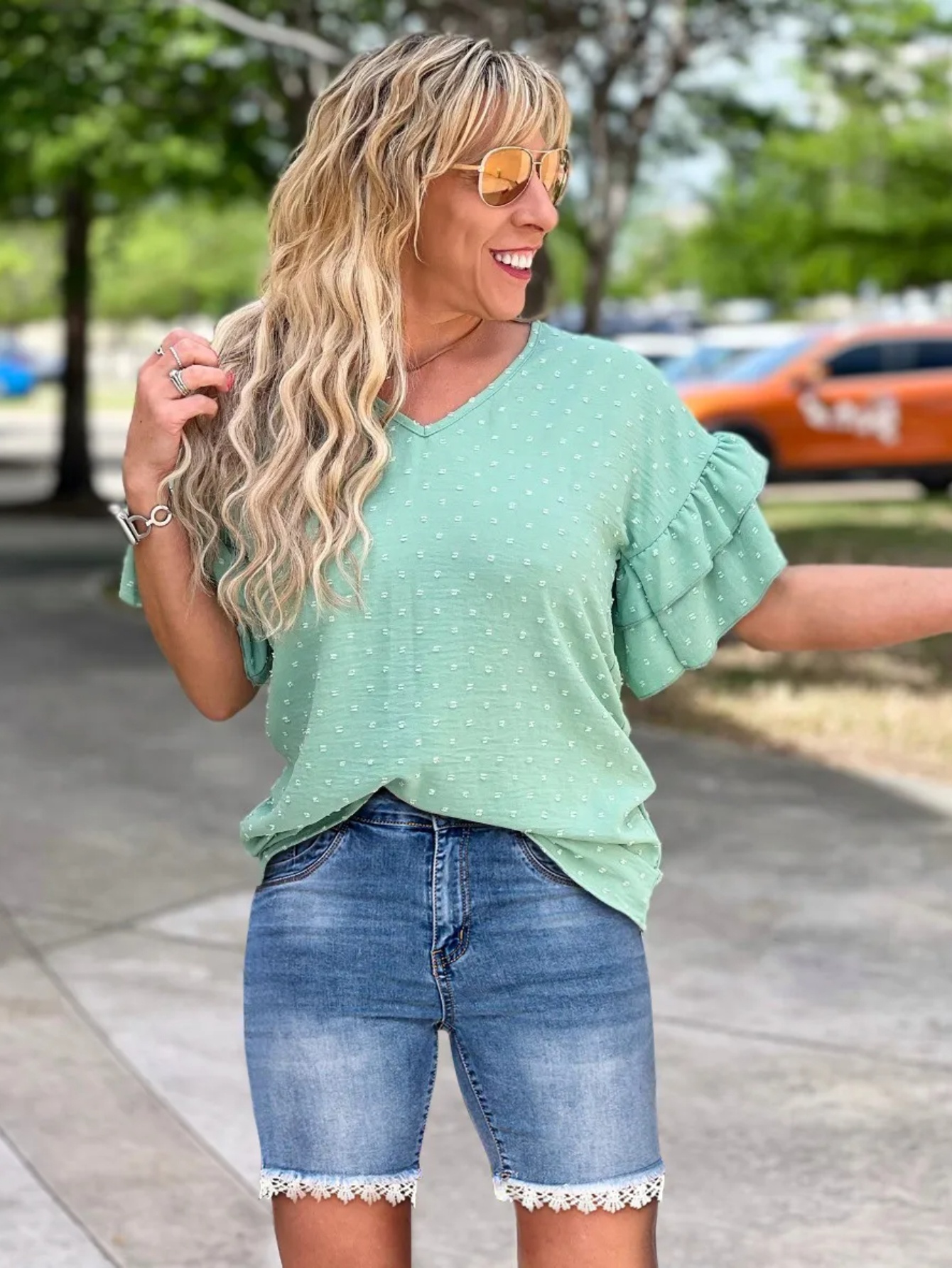 womens light blue denim shorts lace trim high Temu