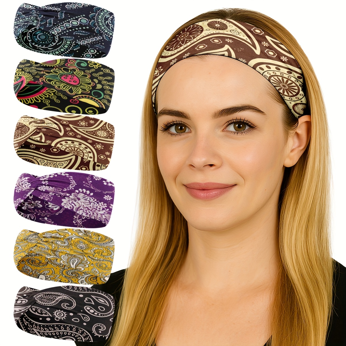TEMU 6pcs, Ethnic Theme, Wide Headband For Women, Hairband, Knotted Headband Fashion Headdress, Paisley Pattern, Yoga And Fitness Headband, Fashion