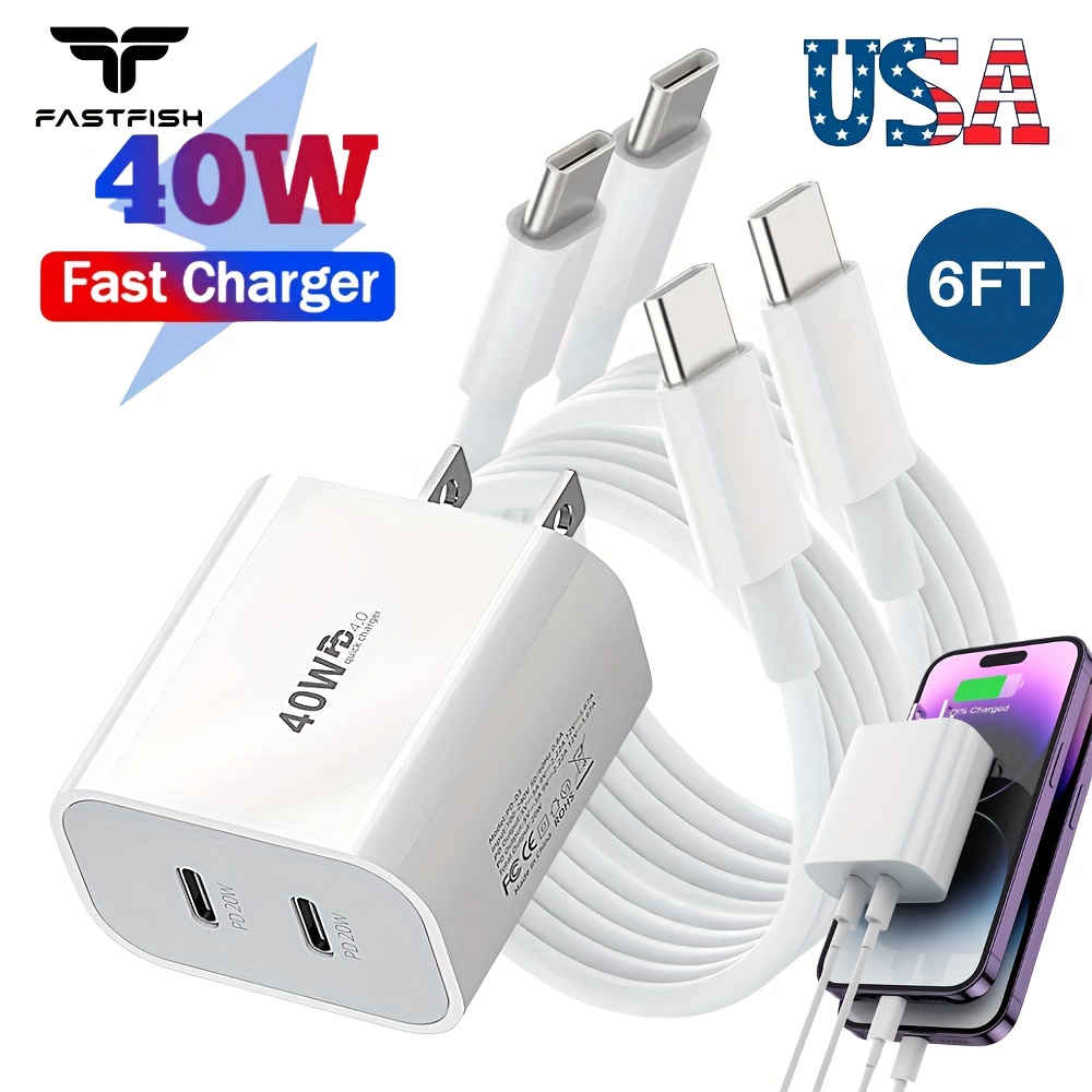 

For Iphone 15/ 16 Pro Max For Ipad Dual Type C Pd Fast 40w Charger Adapter Cable 6ft