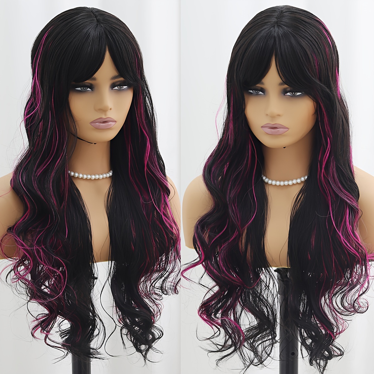 

Black Purple Highlight Long Wavy Wigs For Women Curly Wave Wig With Bangs Synthetic Heat Resistant Fiber Wigs For Cosplay Party Use