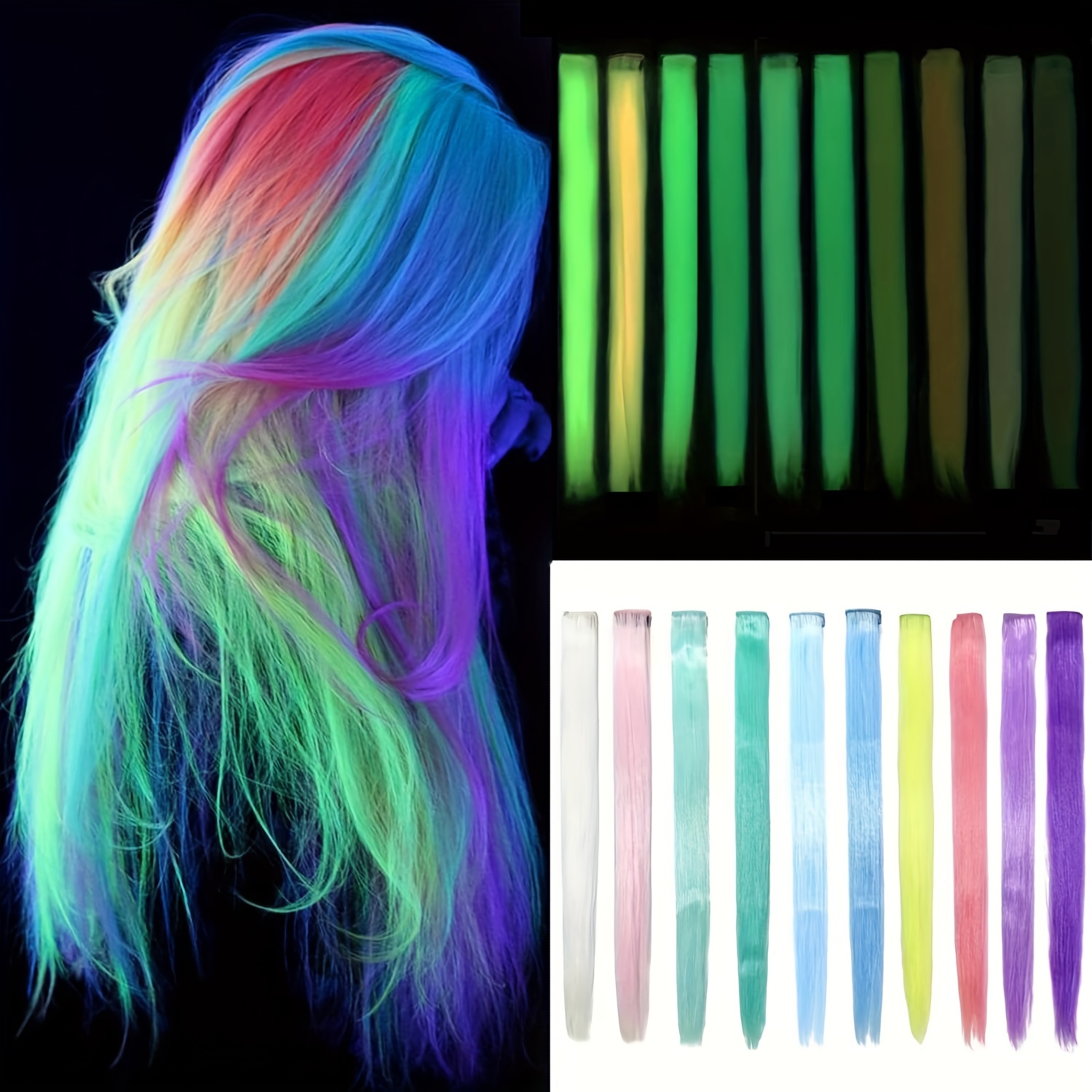 TEMU Yongyi 10-pack Synthetic Straight Hair Extensions - 20" Glow In The Dark Clip-in Party - Women' Festival & Event Hairpieces - All (14+) Accessory