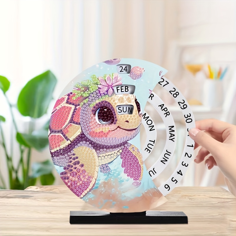 TEMU Diy Diamond Painting Rotating Calendar Set - Cute Turtle Design With Special Shaped Diamonds, Handicraft Featuring Rotating Sun, Moon, And ,