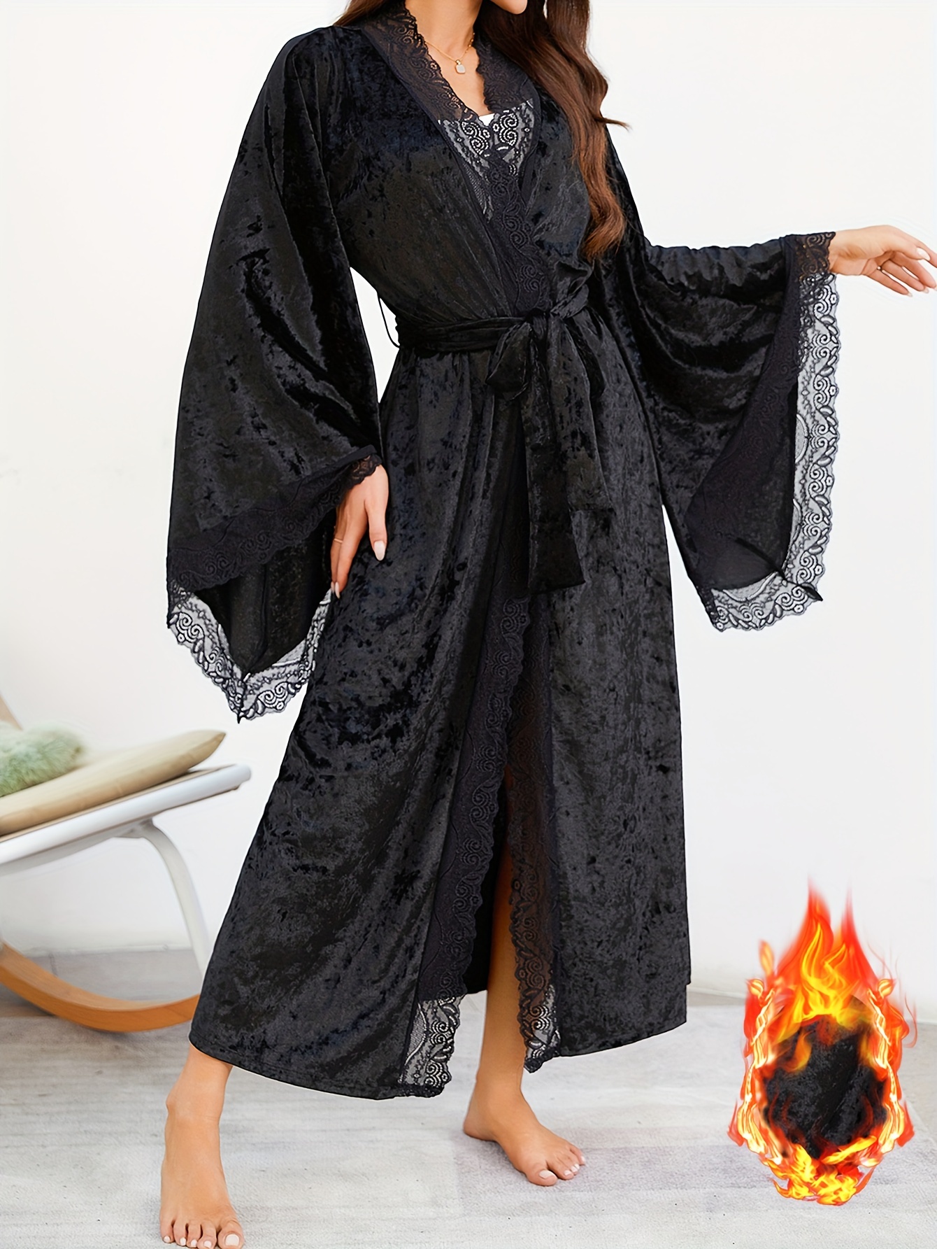 robe en velours bordure en dentelle noire femmes - Temu Morocco, image size:800x1066