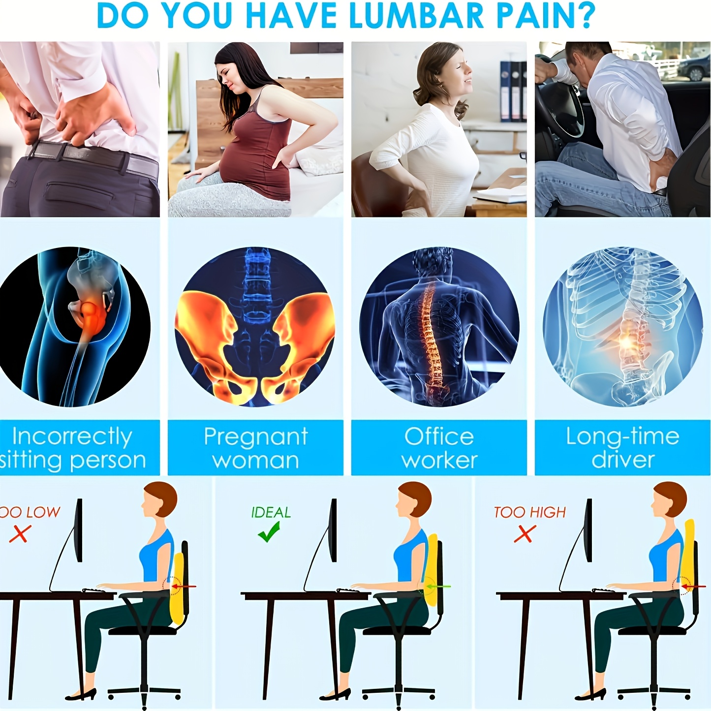 ergonomic lumbar support pillow with dual adjustable straps memory foam cushion for office chair car seat gaming chair black       posture car seat   ergonomic pillow memory foam pillow car seat cushion Product details 2
