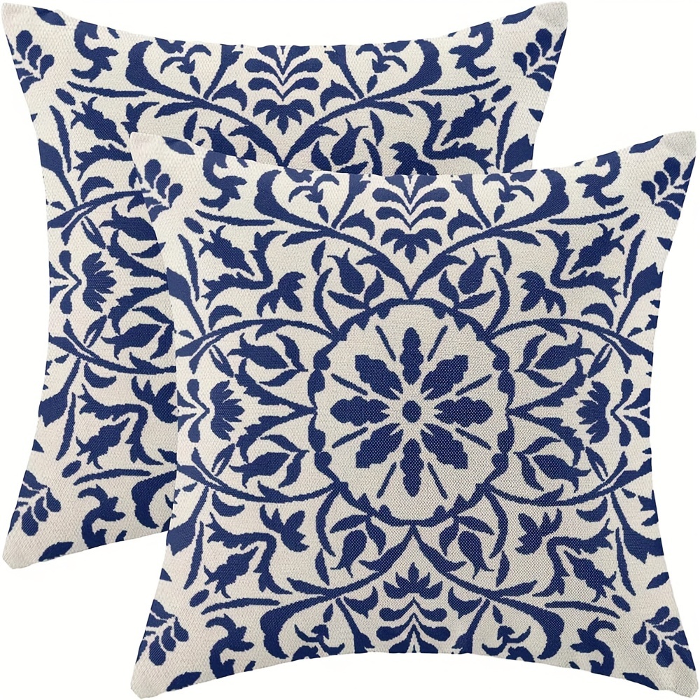 

Set Of 2 Navy Blue Boho Pillow Covers 18x18, Bohemian Ethnic Carpet Pattern Design Decorative Throw Pillows Linen Blue Print Farmhouse Cushion Pillow Covers For Sofa Couch Outdoor Decor