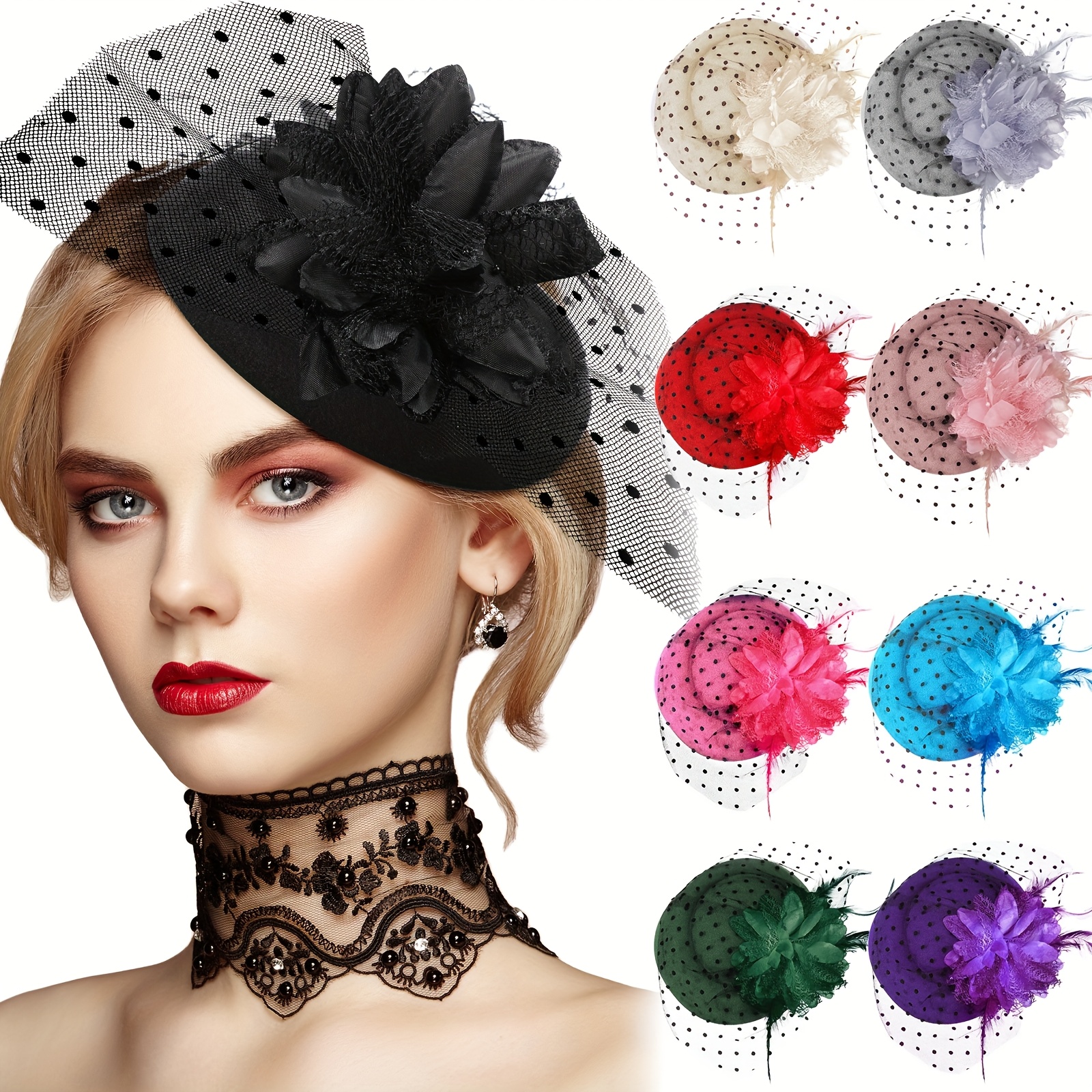 7753 1920s 50s Vintage Fascinators Hat For Women Tea Party Halloween Sibba Tea Party Hat with Lace Gloves 1920s Vintage  main image 3