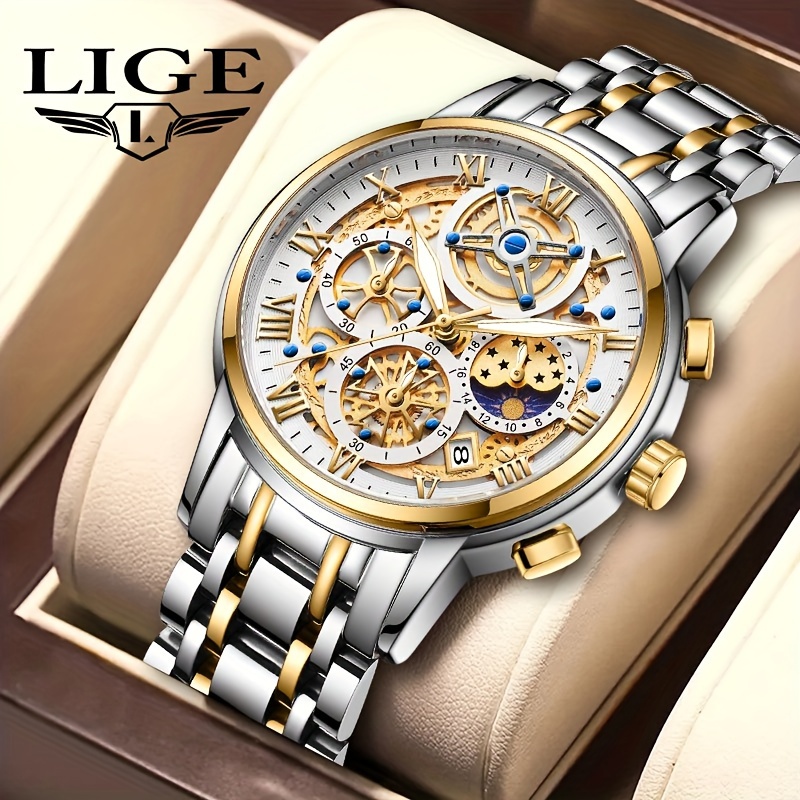 

Lige Noble Luxury Business Men's Watch Stainless Steel Strap. Fashion Creative Gear Dial Waterproof Luminous Calendar Quartz Watches. Suitable For Family Gatherings As Gifts