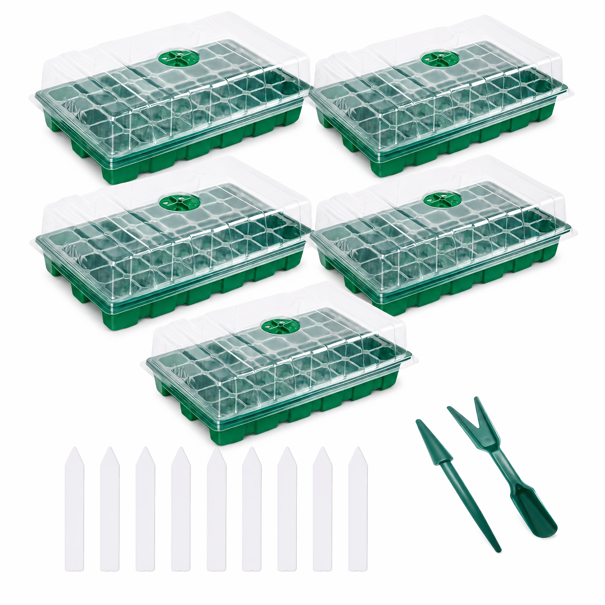 5pcs, Seedling Trays Seed Starter Tray Kit With Humidity Vented Domes And Base For Seeds' Starting (40 Cells Per Tray, Total 200 Cells), Mini Propagator Kit For Plant Greenhouse Grow, Green