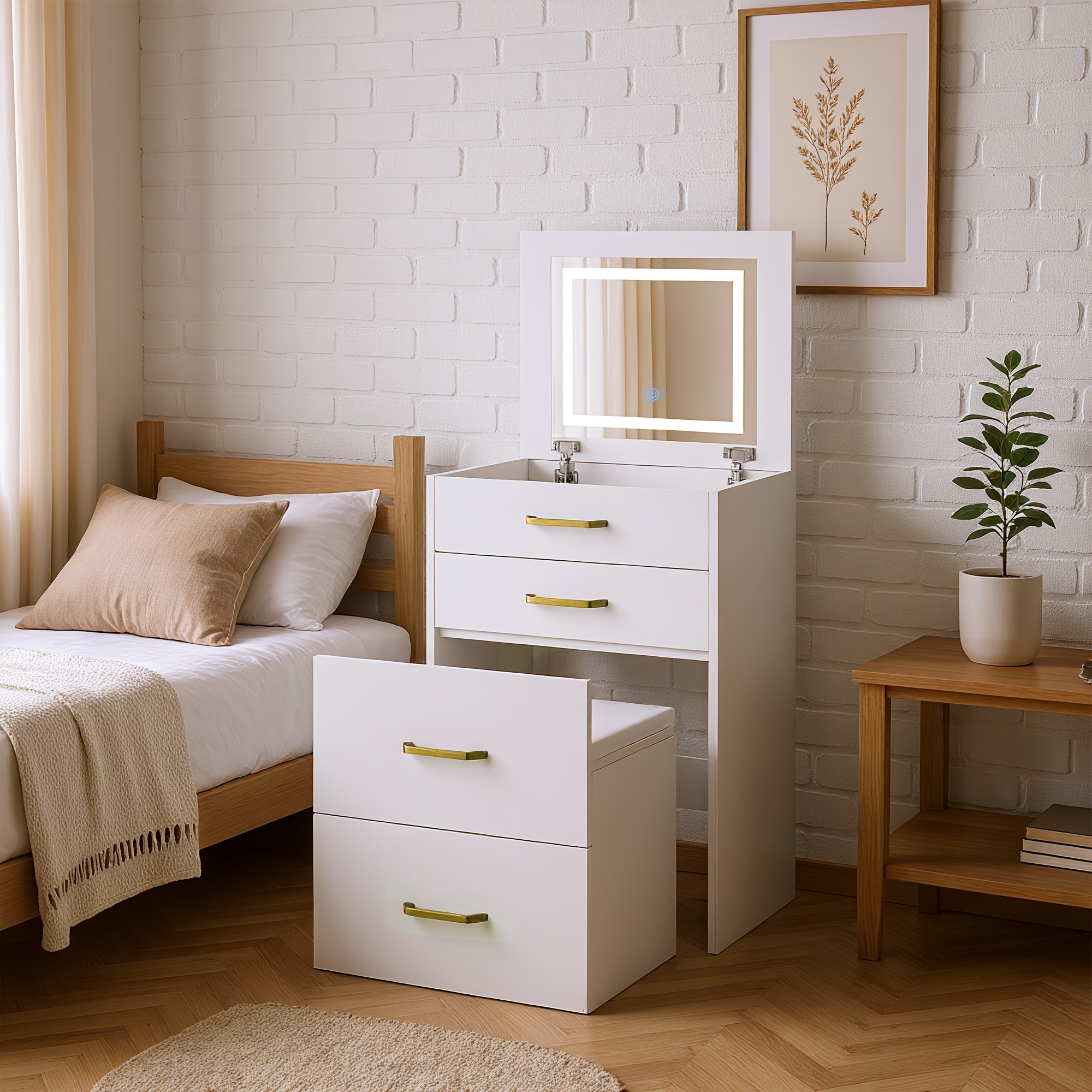 TEMU Dressing Table With Folding Mirror, 3-in-1 Vanity Table | Small Makeup Vanity Desk With Glass Top, 3 Drawers, Upholstered Stool | Compact