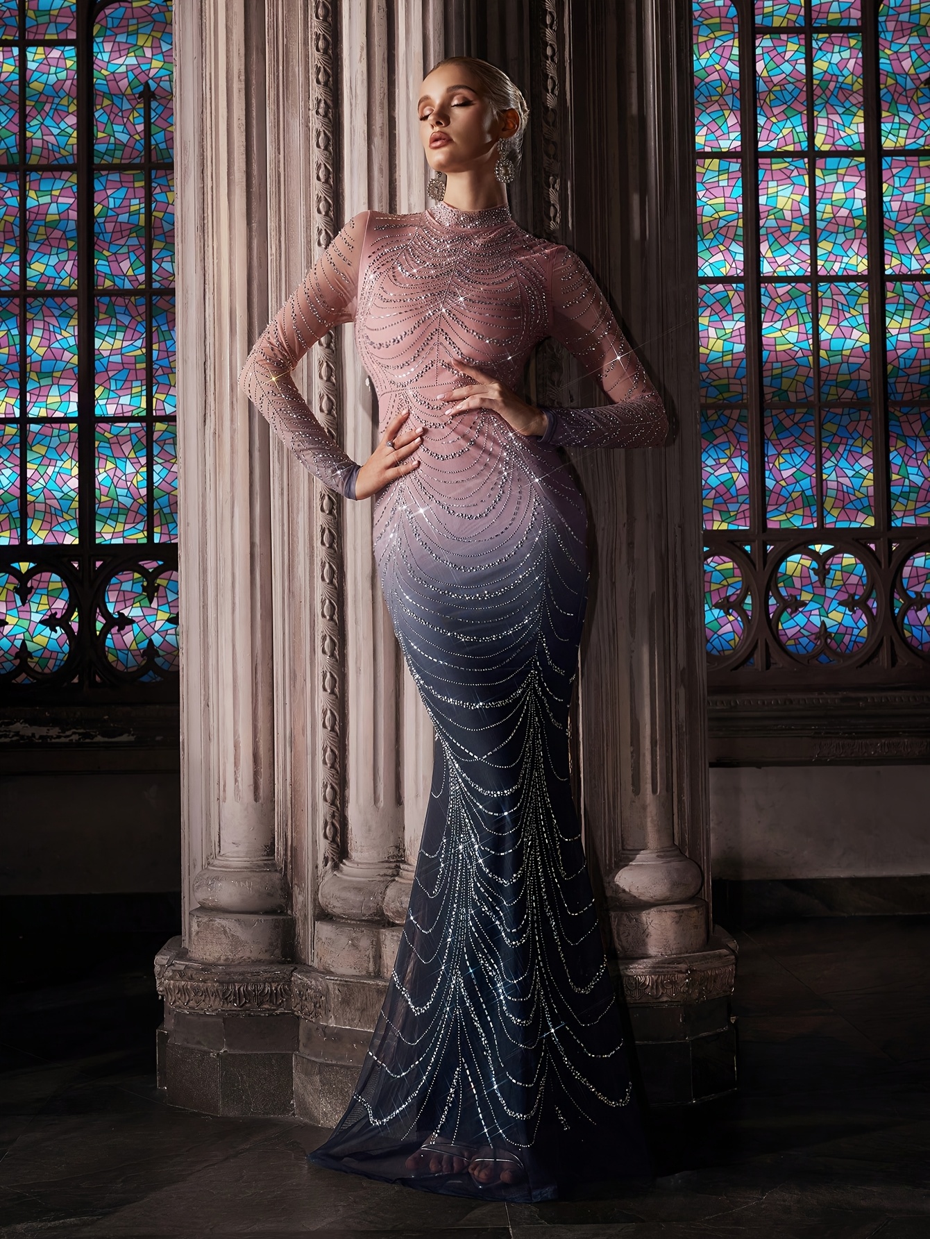 gradient formal dress Gray Long Sleeve Beaded Evening Gown main image 1