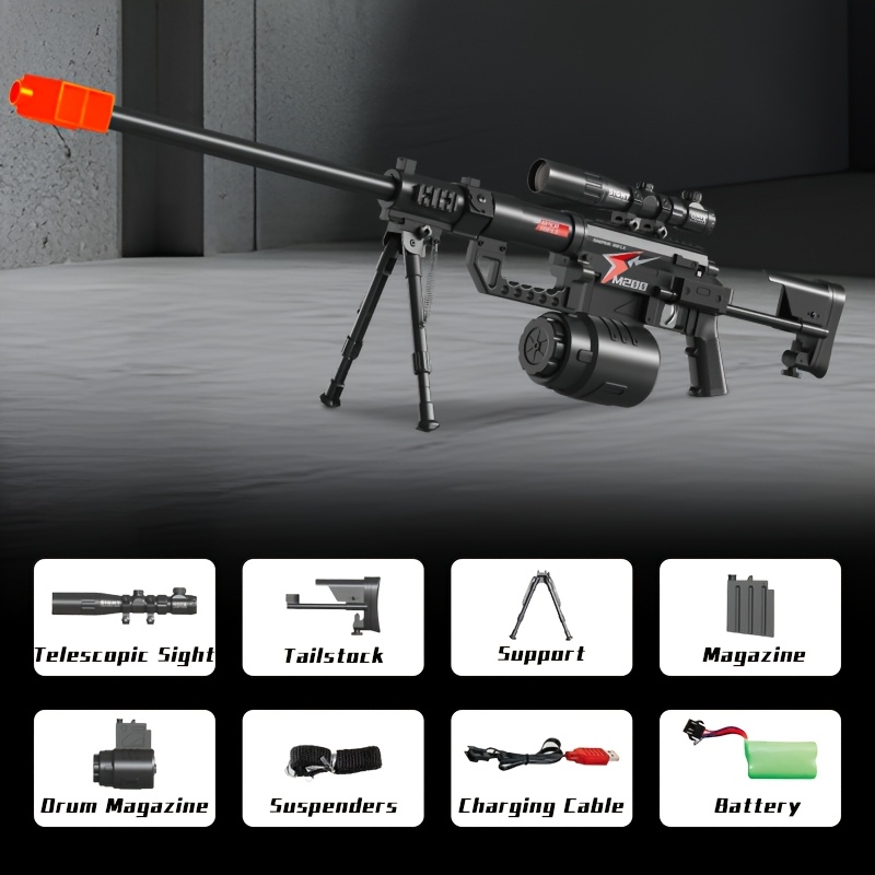 M200 Sniper Gun Electric Gel Jet Ball 7.4V High Speed Continuous Shooting Upgrade - Highly Assembled Manual/Automatic Dual Mode Drive, Semi-Automatic Full Bullet Firing, Black, Sniper Gun, Precision Shooting, Sleek Weapon Design, Durable Construction