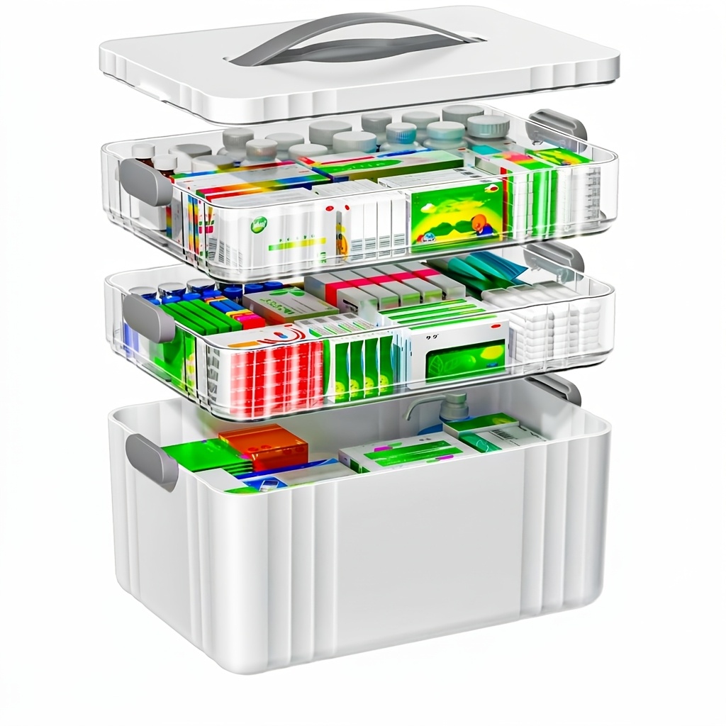 Image of Three-layer Folding Medicine Box With Portable Pill Box - Kit Storage Box, Transparent Tray, Carrying Handle, 34.1 X 22 X 24.5cm, Household Travel Emergency Medicine Cabinet