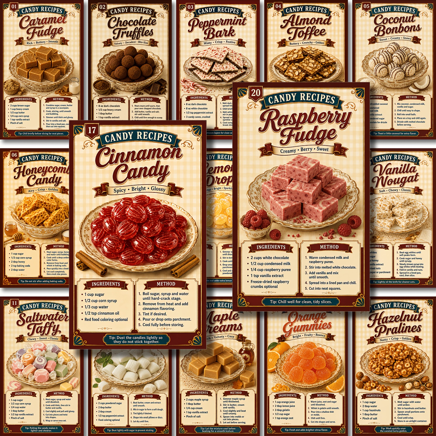 TEMU 21-pack Vintage For Candy Recipe Cards Set, 20 Sweet Treat Recipes Cookbook Cards, Recipe Guide, Retro Kitchen Gift For , 20 Cards And 1 Paper