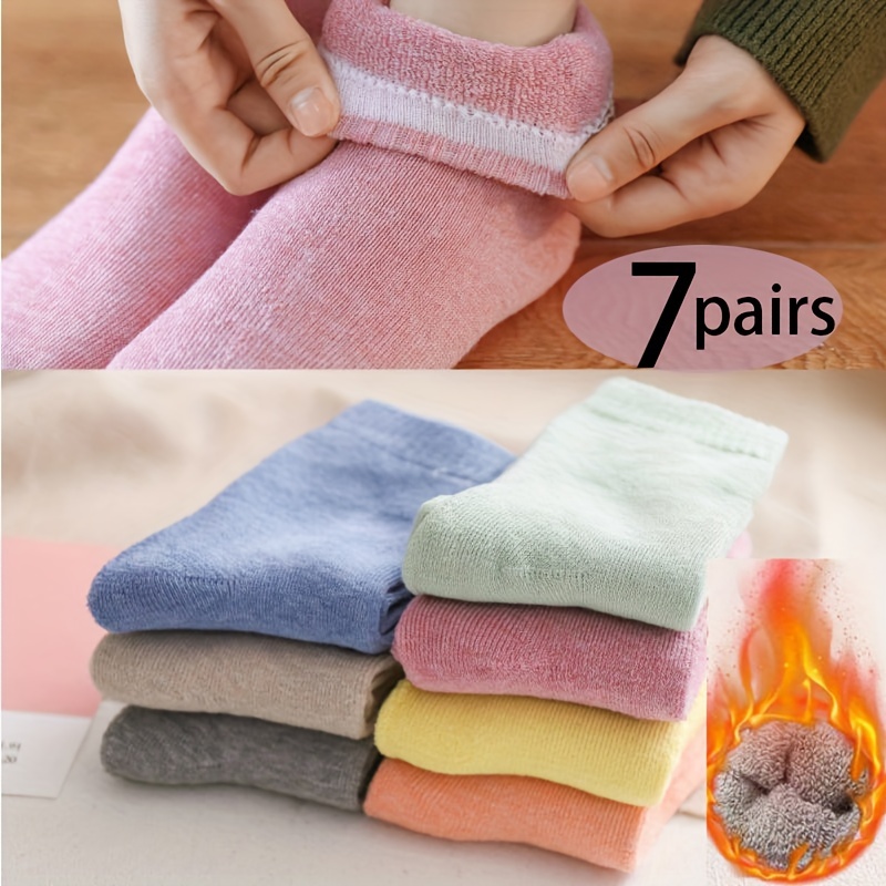 

Nektom 7 Pairs Fuzzy Socks Winter Thickened Warm Crew Cotton Socks With Plush Terry Loop - Solid Color, Non-slip Comfort Knit Fabric For Home Use