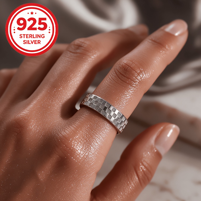 Women's 925 Silver Hypoallergenic Checkerboard Geometric Ring