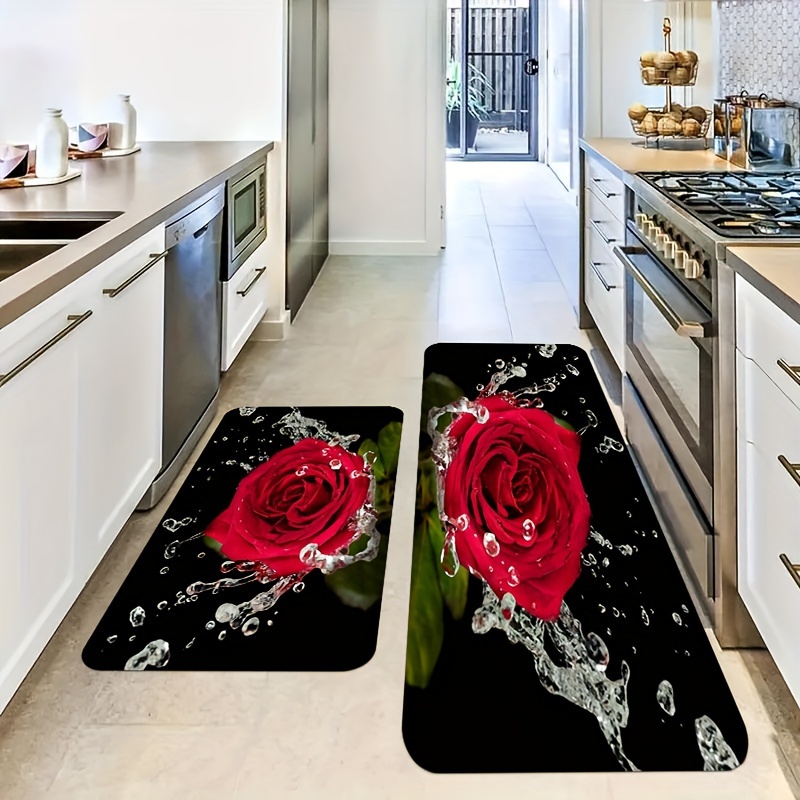 

1pc Kitchen Rug With Red Rose Pattern - Thick 1.1cm, Non-slip, Durable, Stain-resistant, Suitable For Kitchen, Living Room, Porch, Balcony And Home Decoration