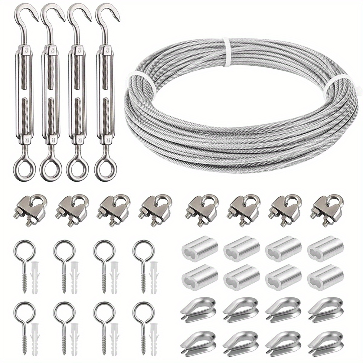 20m Wire Rope Cable, For Outdoor String Hanging, Fence, Picture, Securing Shade, 45pcs