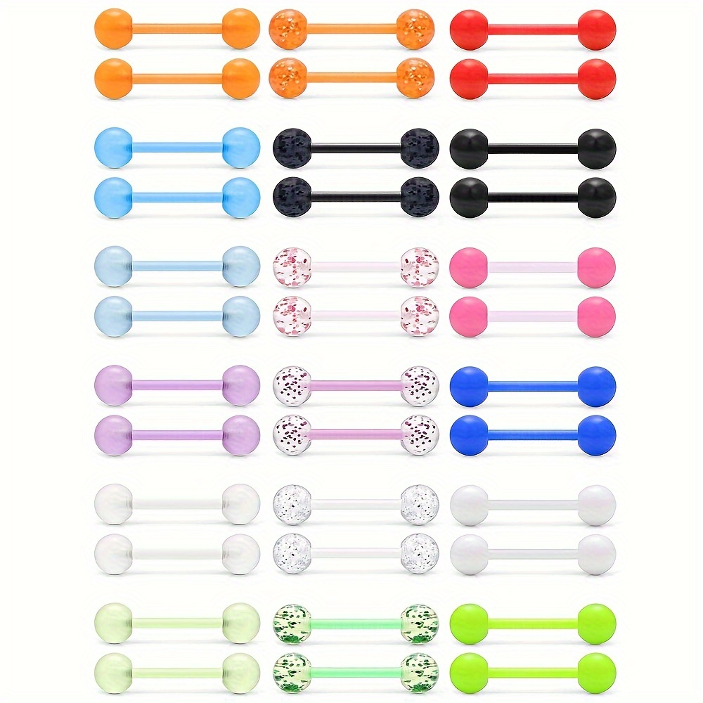 

36pcs 14g Glow In The Dark Tongue Nipple Rings, Flexible Acrylic Straight Barbell Retainer Set, Simplistic Unisex Body Piercing Jewelry For Music Festival