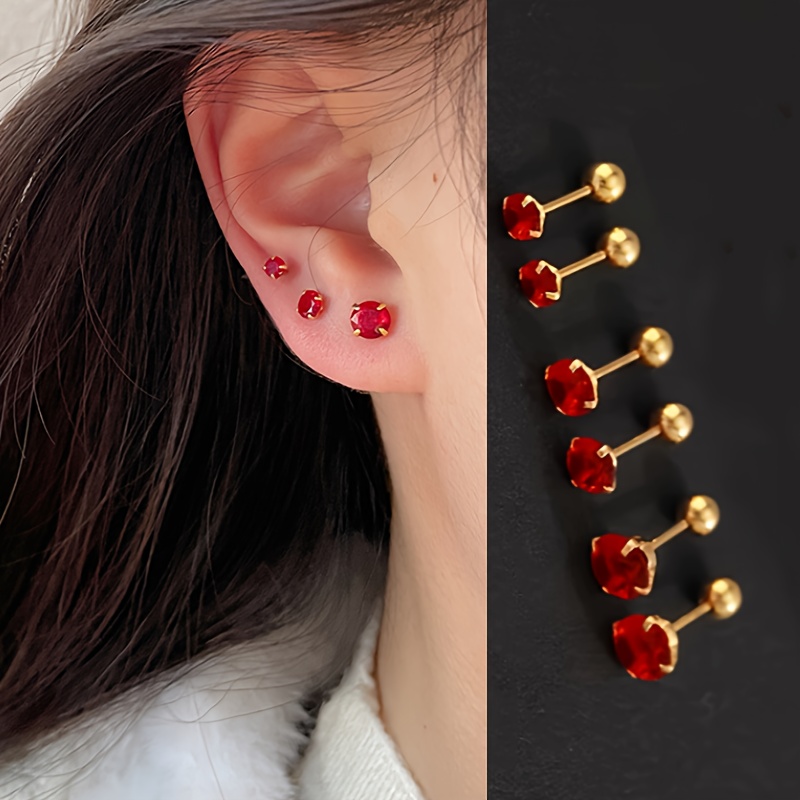 E-shop 6er-Set Hypoallergene rote Edelstahl-Ohrstecker - Alltags- und Party-Schmuck, Exquisite Ohrstecker, Ganzjahres-Tragekomfort, Minimalistischer