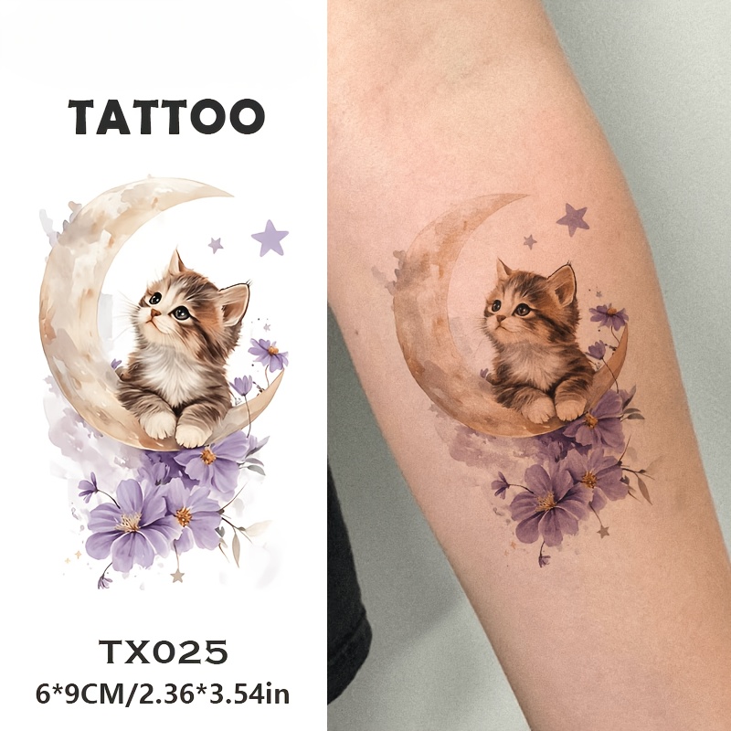 TEMU Moon Cat Themed Tattoo Sticker, Featuring A Cute Kitten Sitting On A In A Watercolor Style, Surrounded By Light Purple Flowers And Stars. The