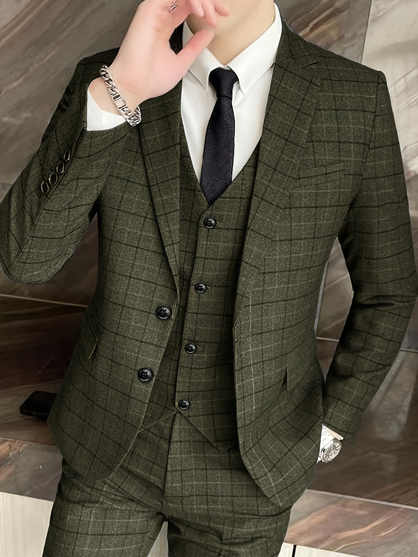 vintage three piece suit in corduroy   for men suitable for weddings formal business occasions   jacket vest and trousers army green 0