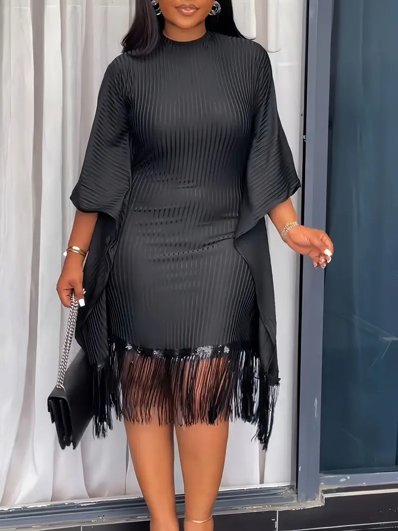 black bodycon fringe dress L.Styles' Black Fringe Shoulder Bodycon Dress Black /Silver / 2X