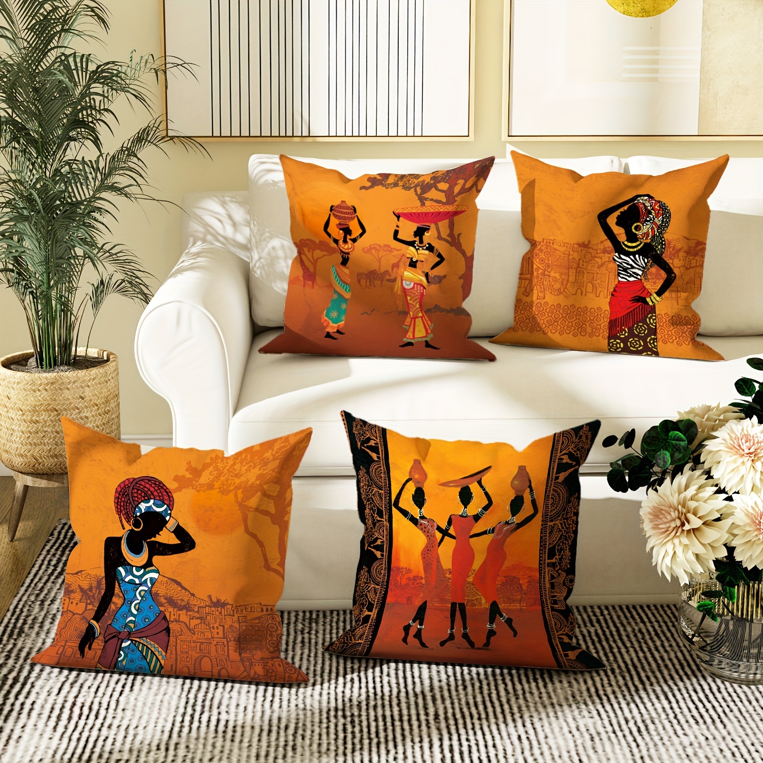 

4-pack African Tribal Velvet Throw Pillow Covers, 18x18 Inch, Burnt Orange With Ethnic Symbols, Zip Closure, Machine Washable For Living Room & Bedroom Decor African Pillow Covers