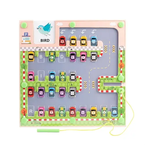 wooden magnetic reversing garage and letter recognition puzzle educational preschool learning toy with magnetic letters and parking maze 1