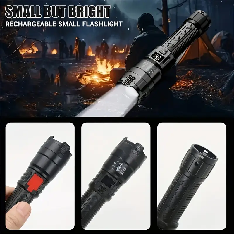 set of 2 rechargeable led torches with adjustable zoom and battery level display featuring options suitable for outdoor activities camping work and emergency details 4