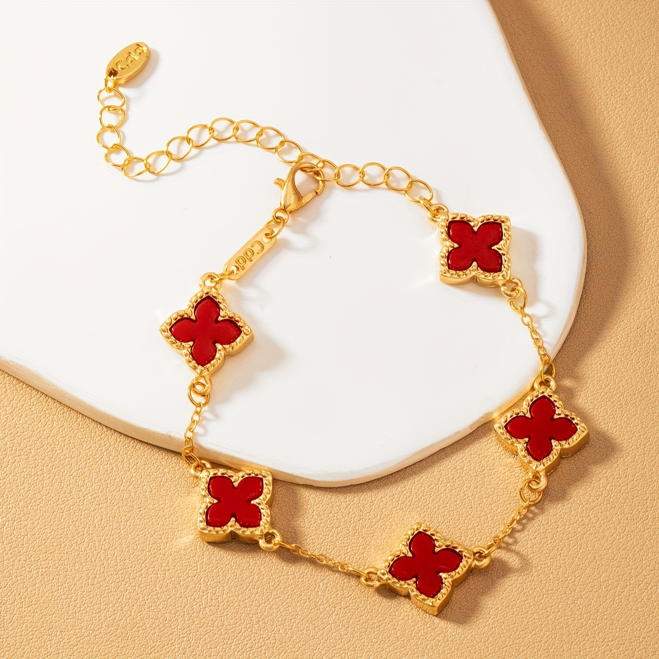 Golden-Tone Lucky Clover Elegant Bracelet with Red Enamel Chain Perfect for Valentine's Day, Mother's Day, Teacher Appreciation, and Back-to-School Gifts, Teacher Appreciation Gift|Elegant Bracelet Design|Durable Chain Bracelet 1pc