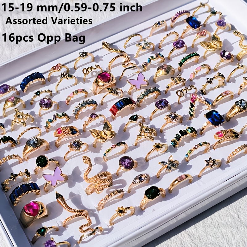 TEMU Lot de 16 bagues empilées pour femmes, style rétro Ins, bague pour hommes et femmes, or rose, tailles 15 mm à 19 mm, motif cœur, , papillon, Tai