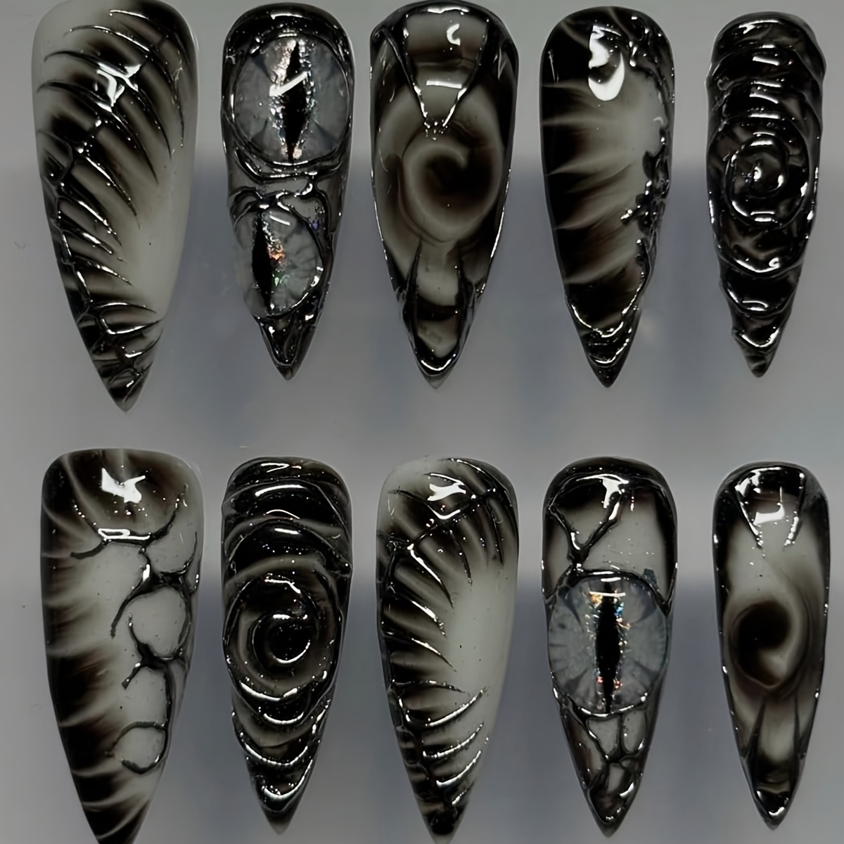 24pcs Dark Vortex Eyeball Tips - Glossy Gradient Black & Suitable For Women &, Pre-cut Long Pointed False Nails With Free Application Tools, For Parties, Daily Wear