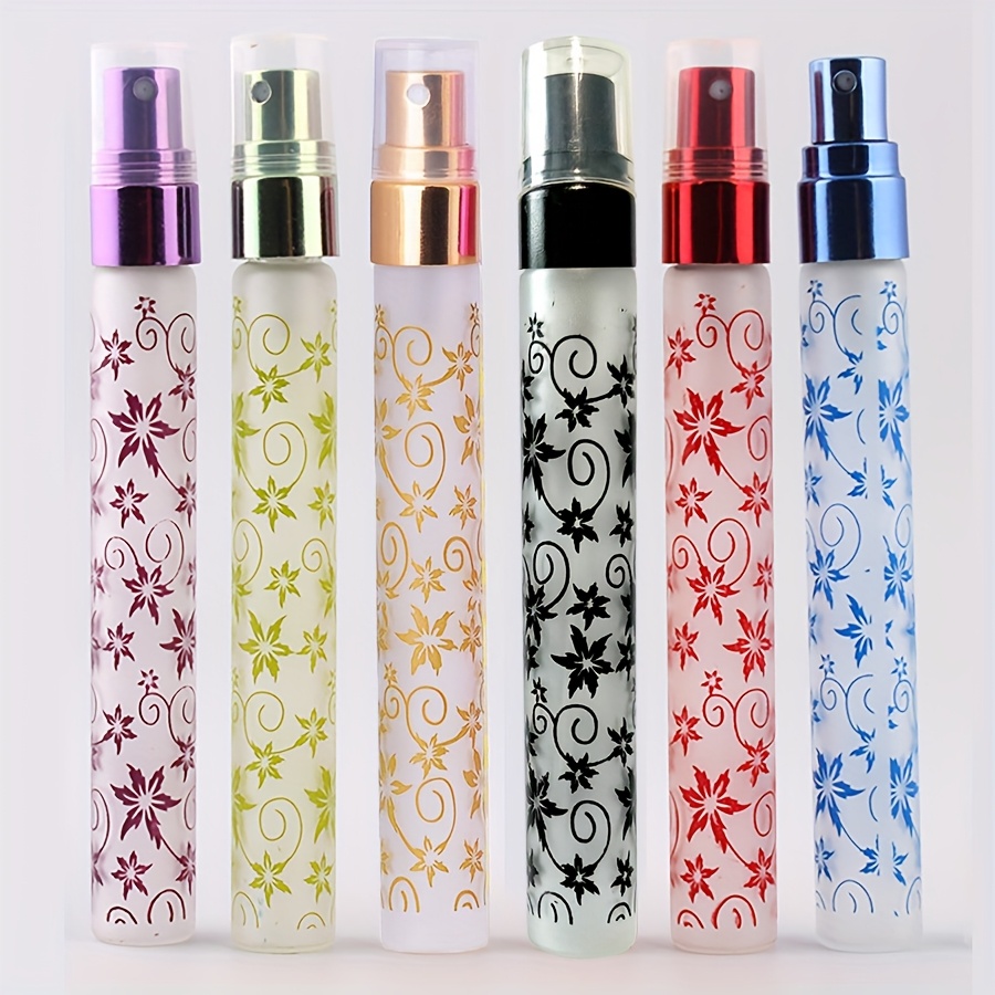 Image of Set Of 6 Random Mixed Color Perfume Bottles, 10ml Frosted Printed Glass Perfume Bottles With Electroplated Aluminum Caps, Round Perfume Refill Bottles