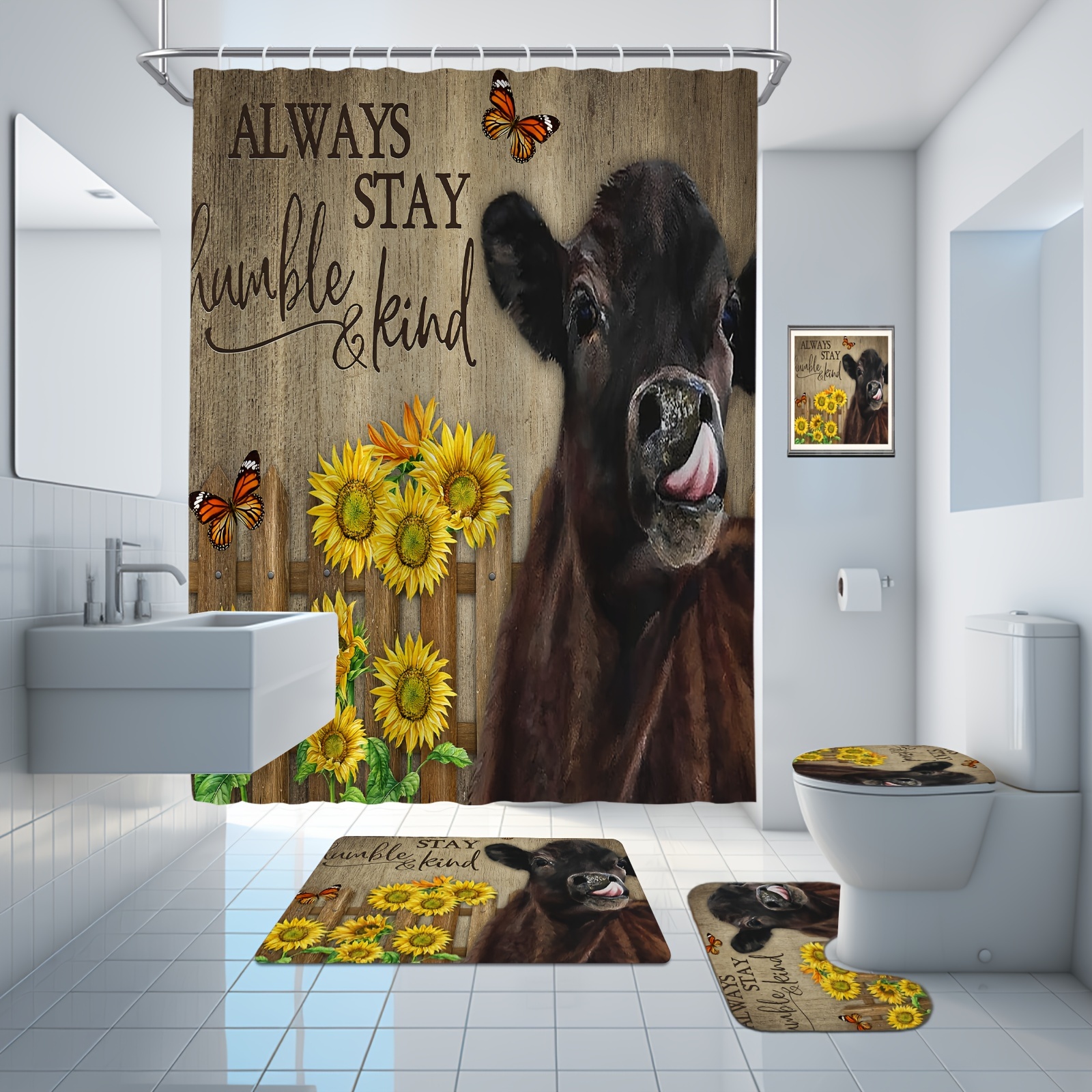 4PCS Funny Highland Cow Shower on sale Curtain Sunflower Set