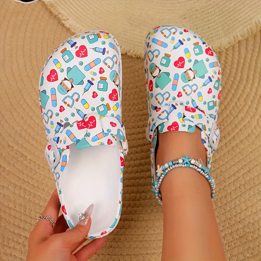 

1 Pair Women' Clogs, Cute Cartoon Doctor Print, Slip-on Eva Sandals, Round Toe, Strappy Back, Low Heel, Sole, Comfortable Insole, Casual Work Nurse Shoes