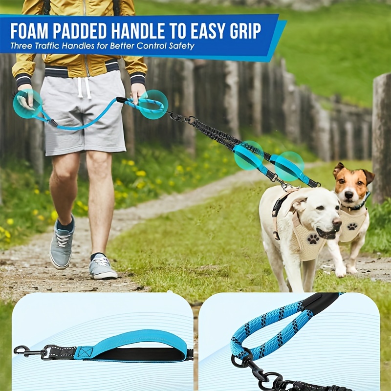 

Reflective Double Dog Leash With 2 Extra Traffic Handles: 360 Swivel No Dual Dog Walking Leash, Comfortable Shock Absorbing Reflective Bungee For