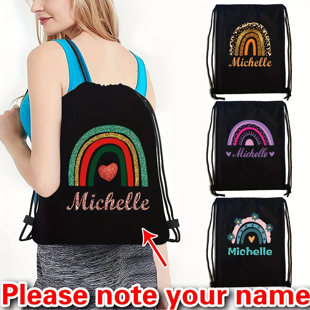 

Custom Name Canvas Backpack - Rainbow Print, Drawstring Design For School, Gym, Hiking & Camping - Bag For