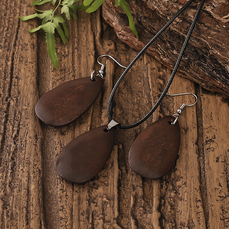 

1 Set Bohemian Wooden Teardrop Jewelry, Coffee-colored Pendant Necklace And Earrings Combo, Vintage Style Accessory For Daily/home/outdoor Wear, Ideal Gift, Bohemian Style, Jewelry Set