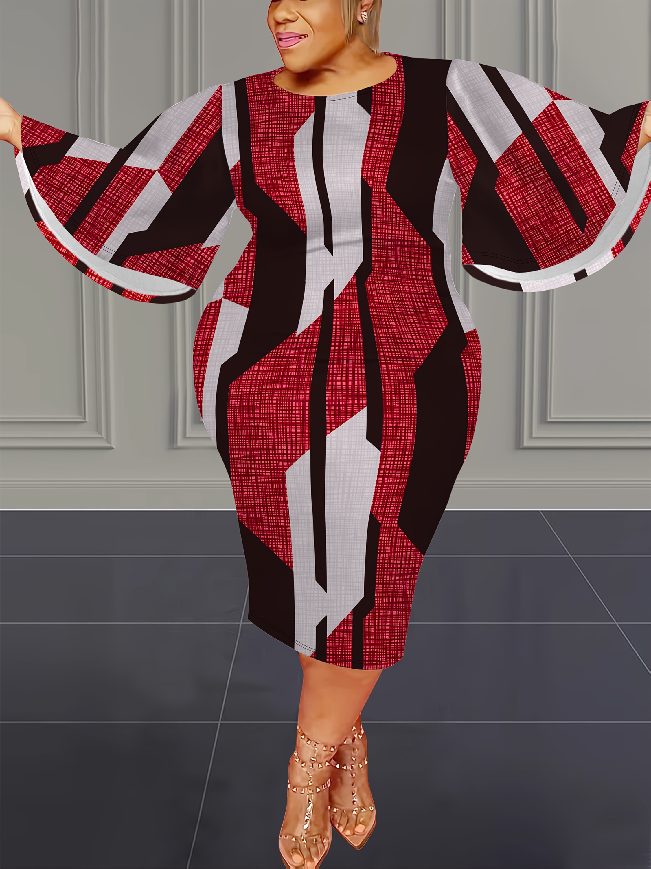plus size womens elegant bell sleeve dress geometric print - Temu