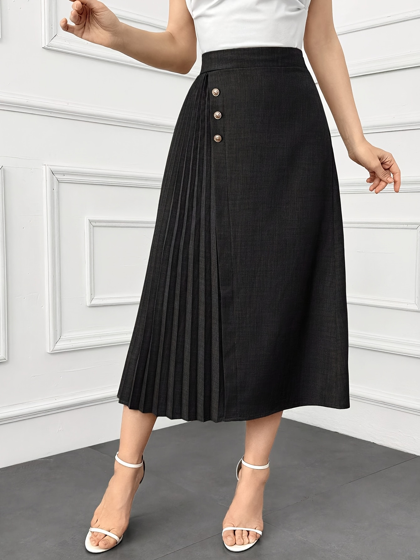 Style Blue Black Pleated Midi Skirt Elegant Dark Blue Pleated Midi Skirt  With Front Button Detail High-Waisted, Non-Stretch Polyester Blend For  Women