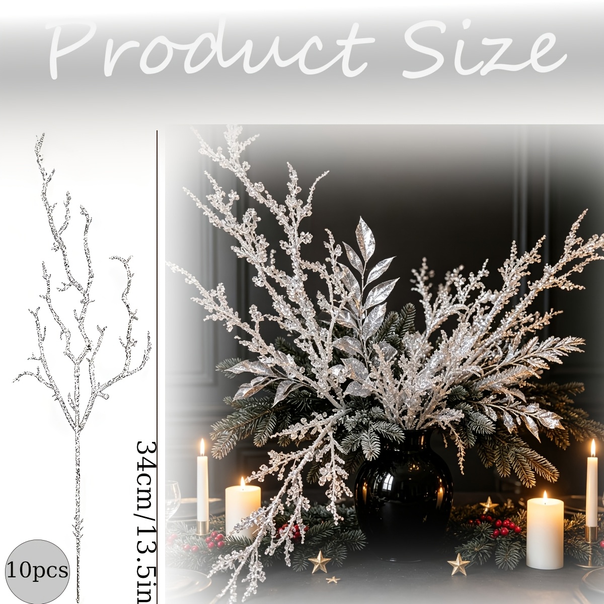 TEMU 10pcs Winter Christmas Fake Glitter Crystal Three-color Artificial Coral Branches, Suitable For Wedding Flower Arrangements, Diy Wreaths, Vase