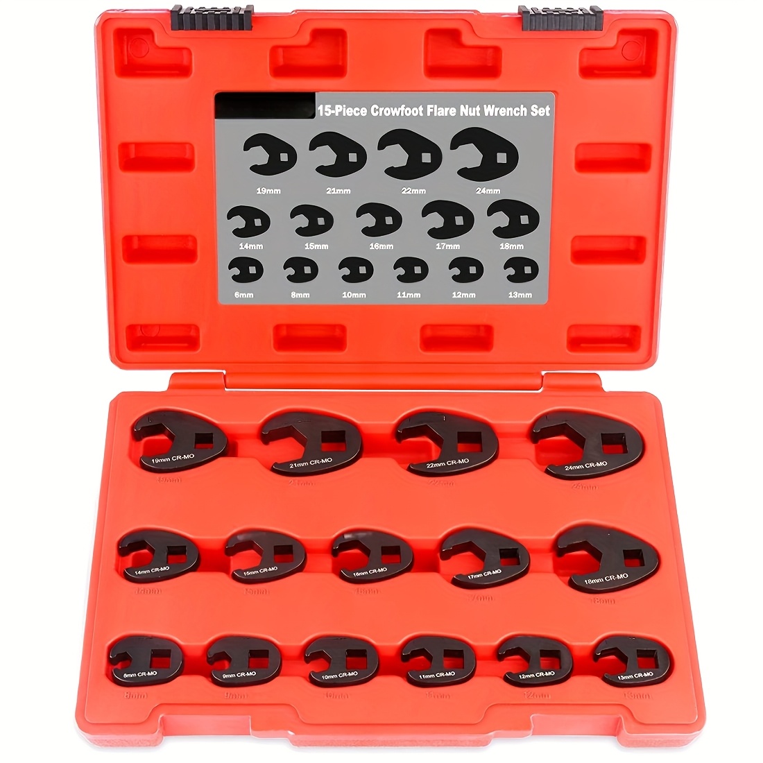 Image of 15pcs 3/8" 1/2" Crowfoot Wrench Set, 8-24mm Metric Open End Drive Feet Spanners Wrench Set