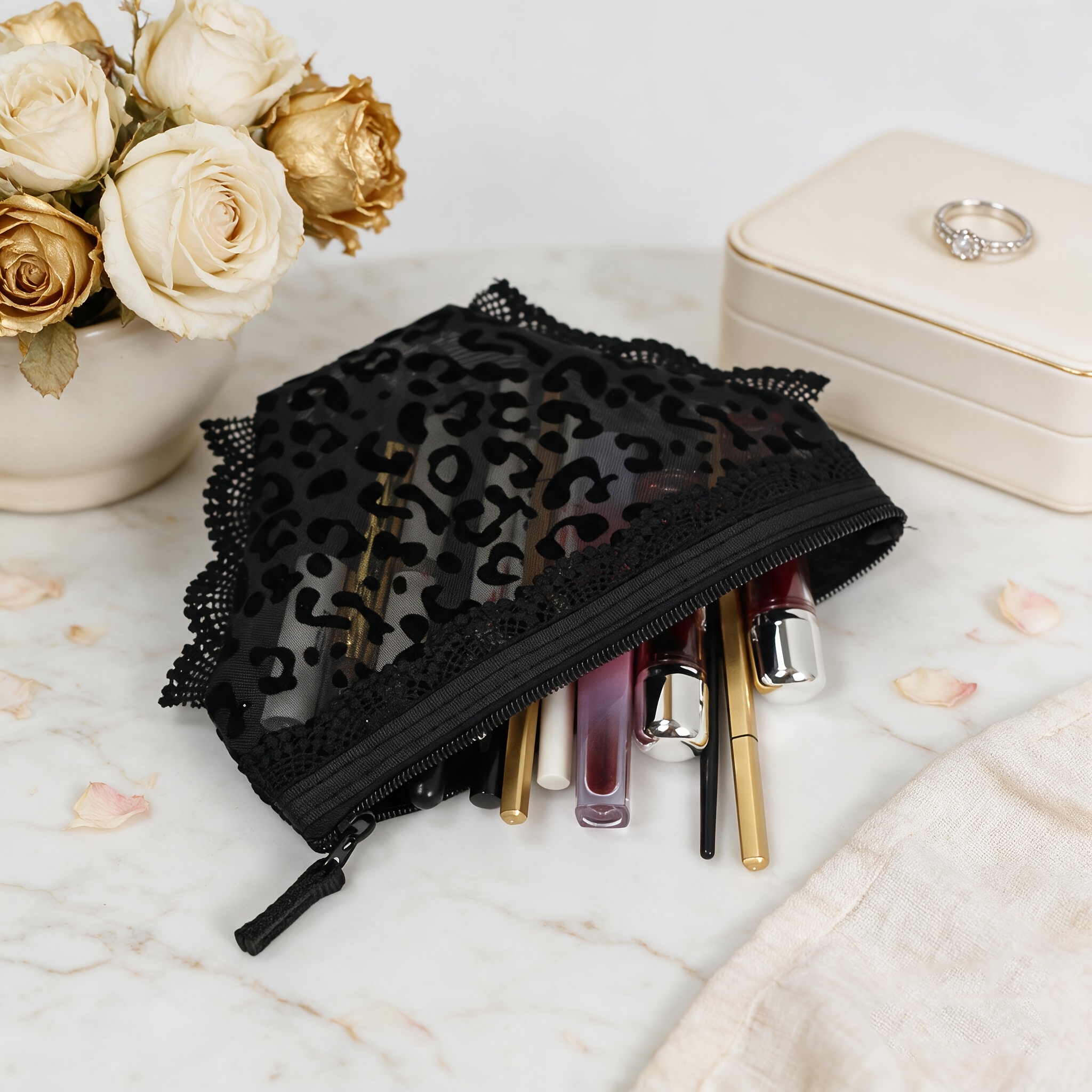 TEMU Fashion Black Mesh Makeup Bag, Individual Women's Leopard Print Storage Bag, Convenient Toiletry Bag, Suitable For Travel And , Gift, Daily Use