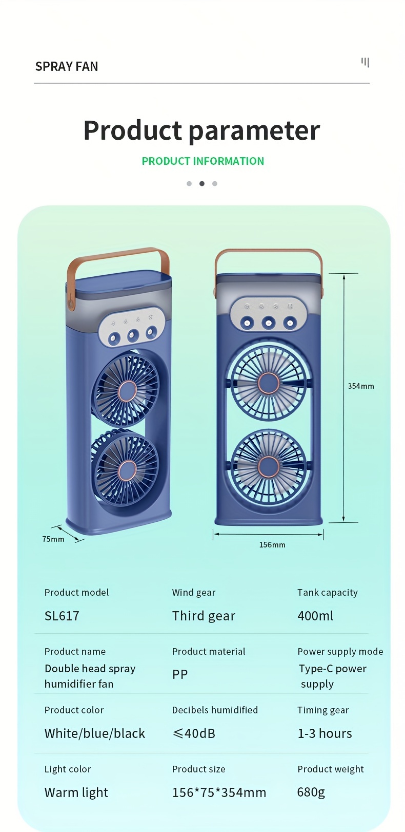 portable usb dual fan with humidifying misting feature painted plastic table fan for indoor and outdoor cooling   operation with button control multi component accessory no battery required details 18