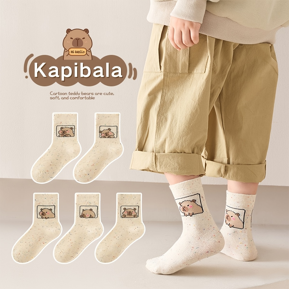 Image of 5-pair Set Of Kids' Socks | Featuring Adorable Capybara , In Soft, Breathable Fabric For . Cute - Socks Are Ideal For , , And Everyday Wear, Fall And Winter Clothes